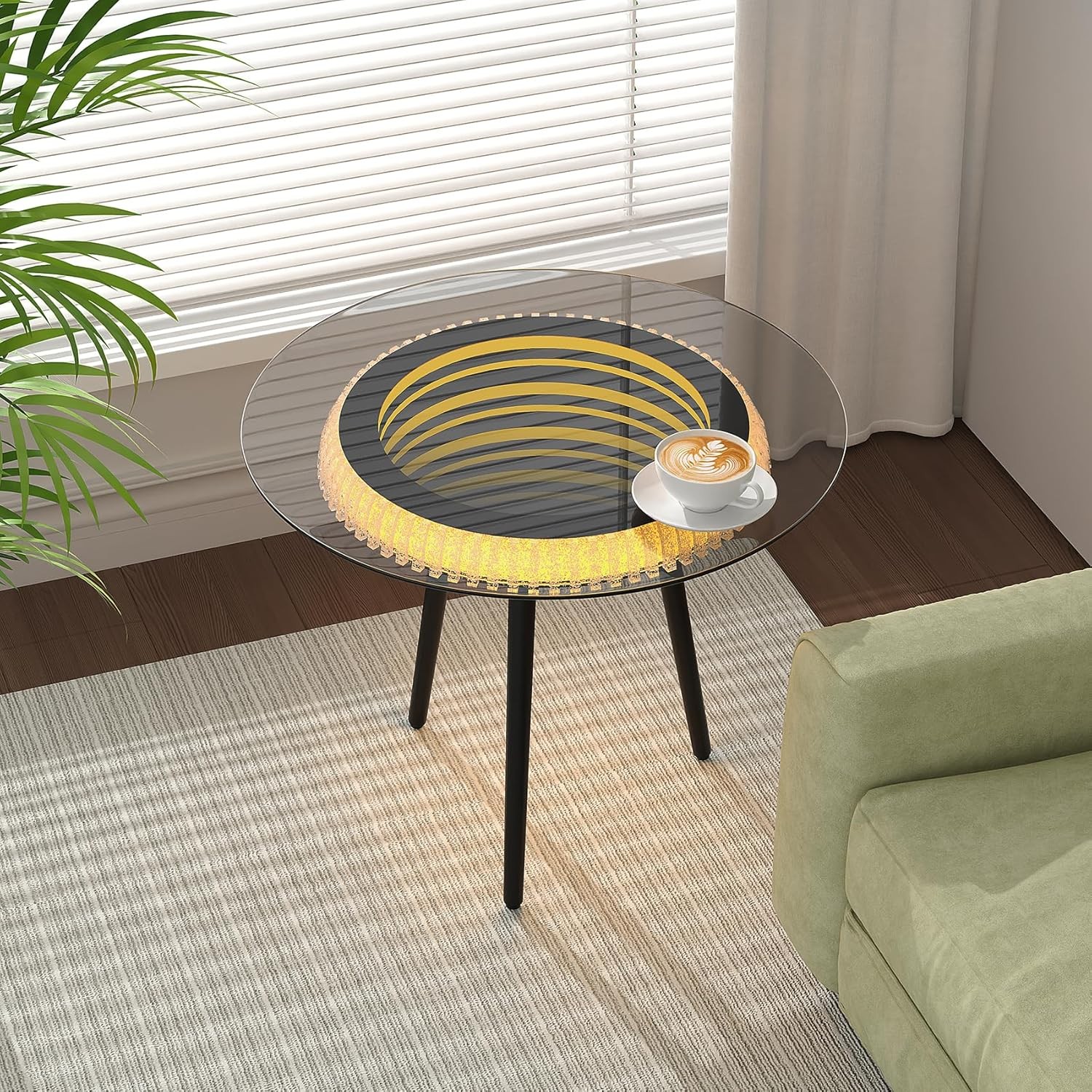 Coffee Table with Led Light, Luxury Metal End Table with 3D Mirror