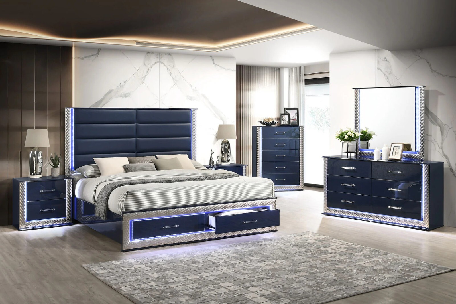 LUXURY Modern LED 5PC Gloss Blue Queen King Contemporary Bedroom Set B/D/M/N/C