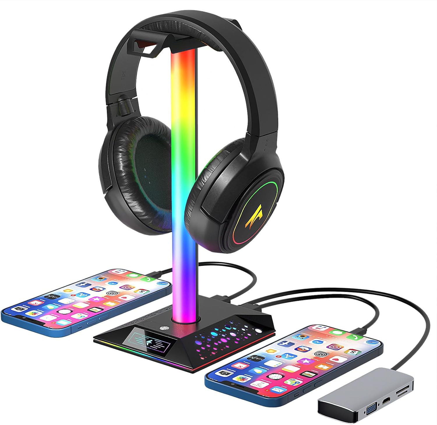 Gaming Headphone Stand PC Accessories - RGB Headset Stand with 2 USB Charger, Co