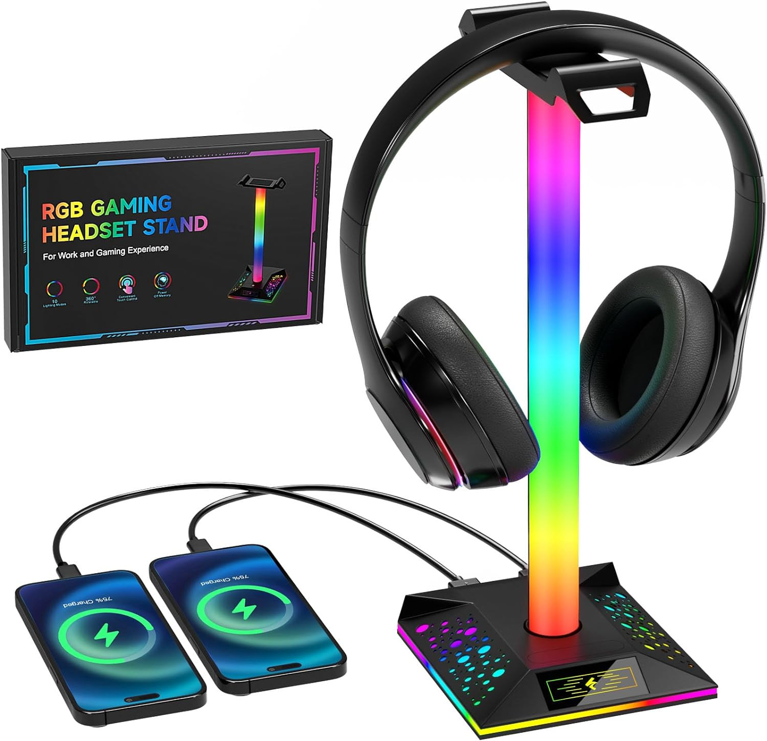 Gaming Headphone Stand PC Accessories - RGB Headset Stand with 2 USB Charger, Co