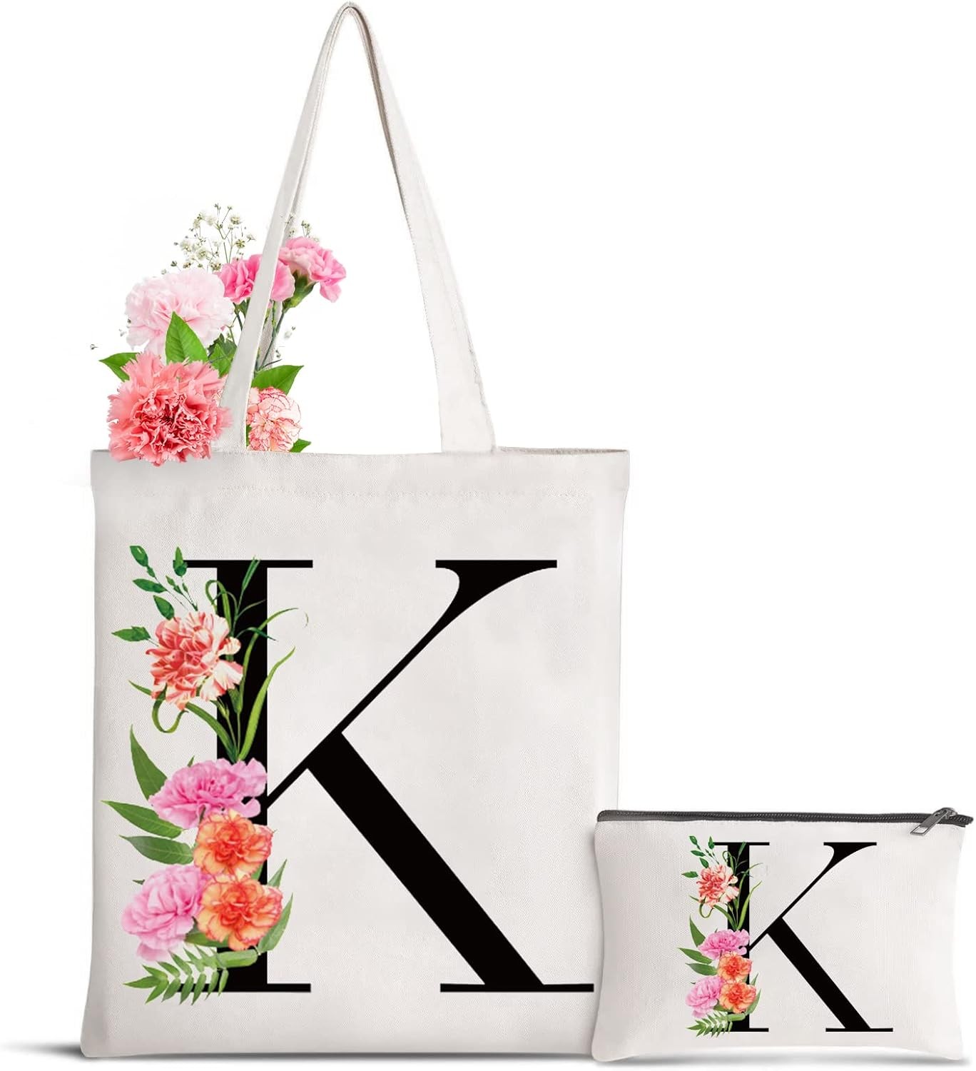 Letter Initial Canvas Tote Bag Personalized Present Gift for Flower-k 