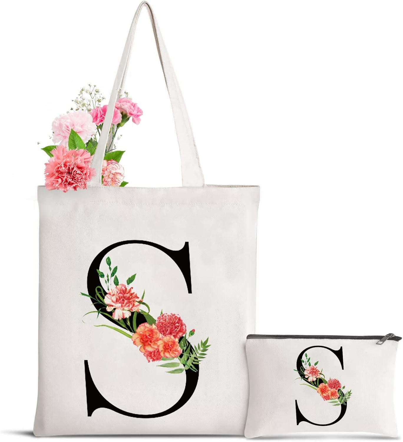 Letter Initial Canvas Tote Bag Personalized Present Gift for Flower-s 