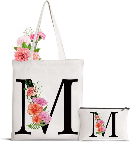 Letter Initial Canvas Tote Bag Personalized Present Gift for Flower-m