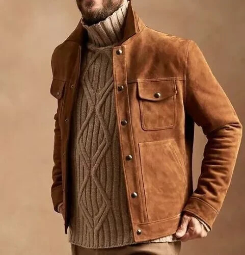 Mens Suede Leather Shirt Casual Style Vintage Brown Motorbike Jacket Button Coat