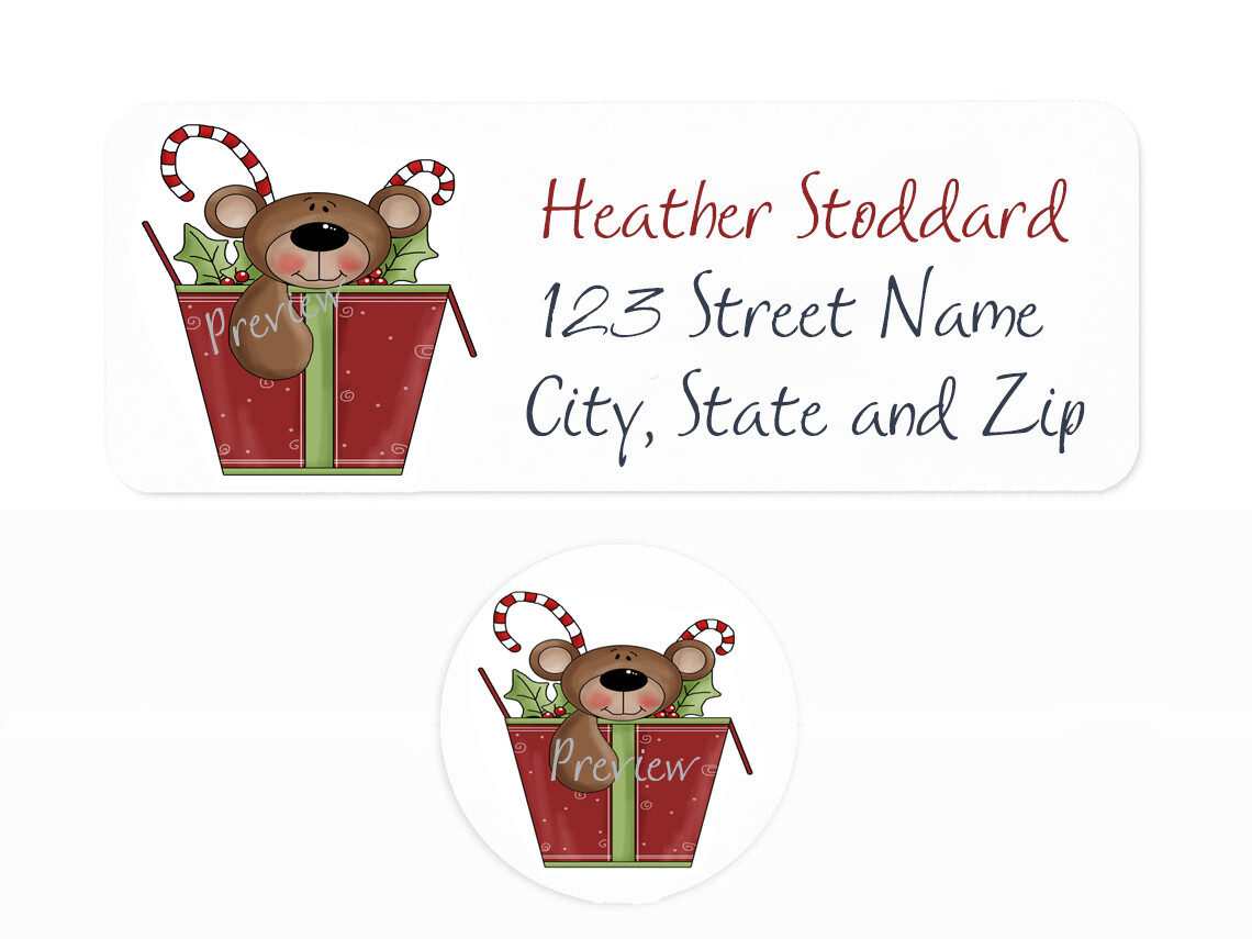 30 Personalized Return Address Labels +Envelope Seals SET - Christmas Gift Bear