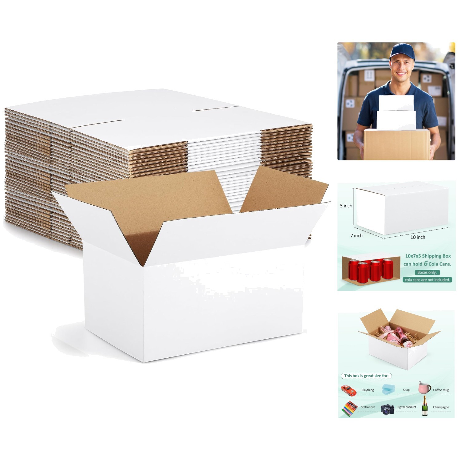 Safe 10x7x5 Shipping Boxes | 30 Pack White Cardboard Mailers for Crafts & Gifts