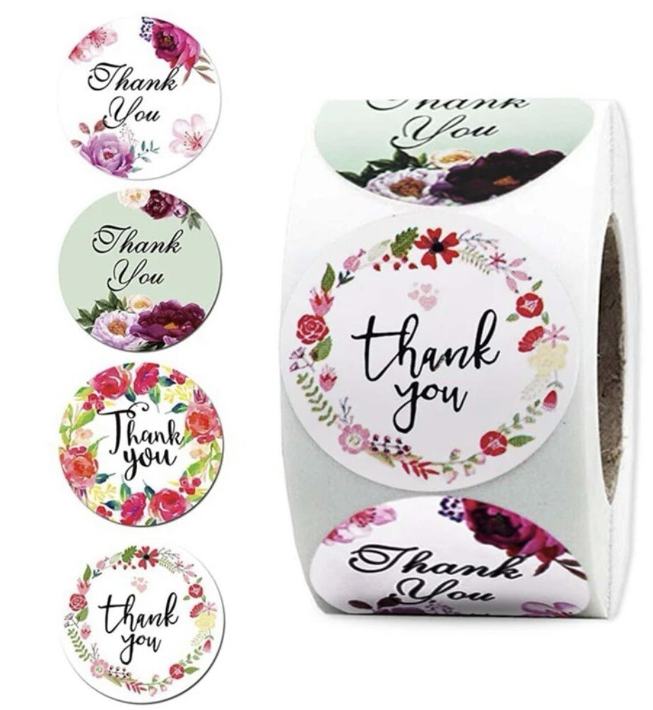 Roll 500 Thank You Floral Stickers  1" Notes Gifts Packages Business Personal