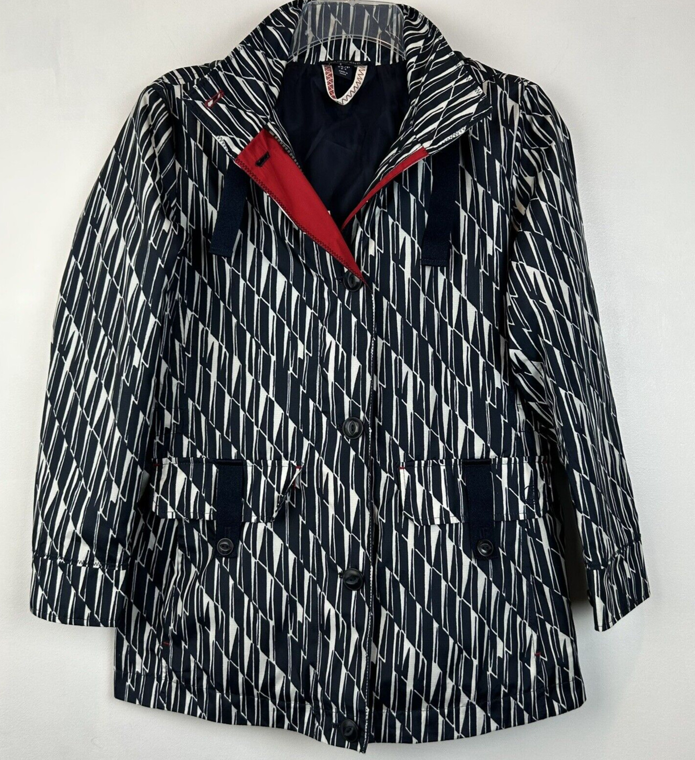 Lands End Jacket Women 2-4 Navy Blue White Print Coat Red Trim Hood Stylish
