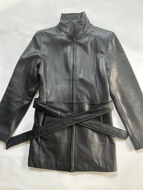 Quality, black leather car coat with stylish high collar