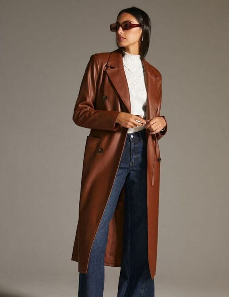 Stylish Real Soft Lambskin Leather Women's Trench Coat Halloween Formal Casual