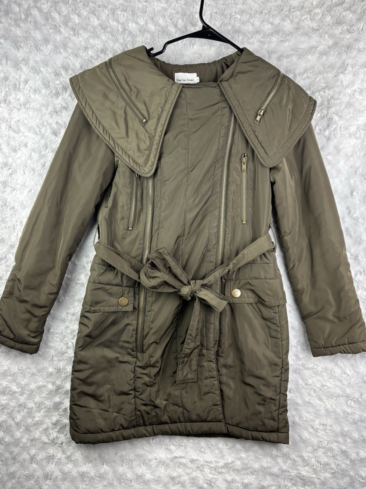Holy Codi Studio Green Size Medium Zip Up Coat Women Stylish Belted