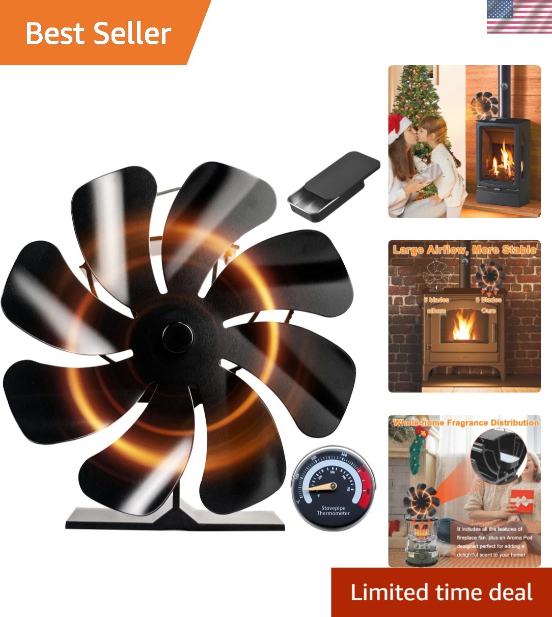 Eco-Friendly 8-Blade Wood Stove Fan, Aroma Diffuser & Thermometer for Cozy Homes