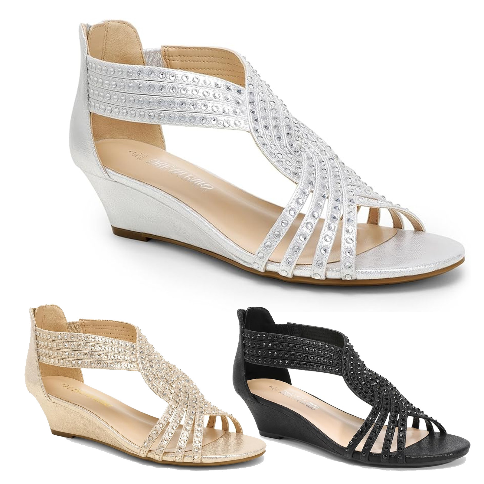 Women Summer Low Wedge Sandals Open Toe Rhinestone Elegant Dress Shoes