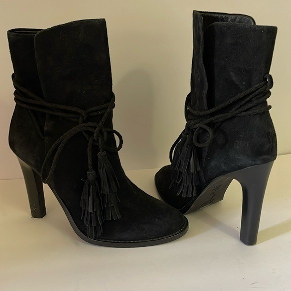 Suede Ankle Boots with Tassels 8.5  Black High Heel Dress Booties, Elegant Style