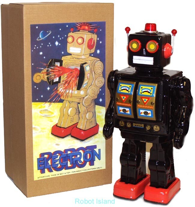 ME100 Tin Toy Robot Battery Operated Black Electron Robot Rotatomatic