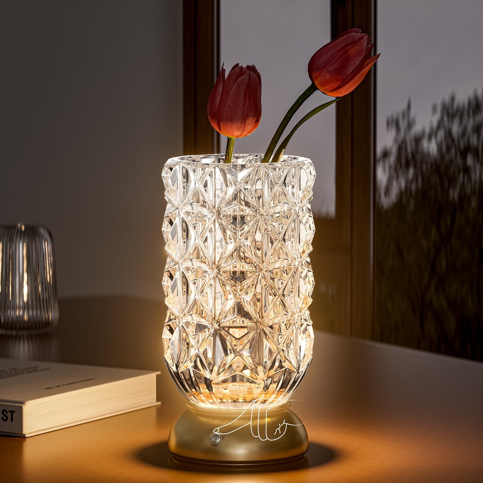 Night Light-Luxury Crystal Vase Lamp,Ambient Lighting,Touch lamp,60H Battery ...
