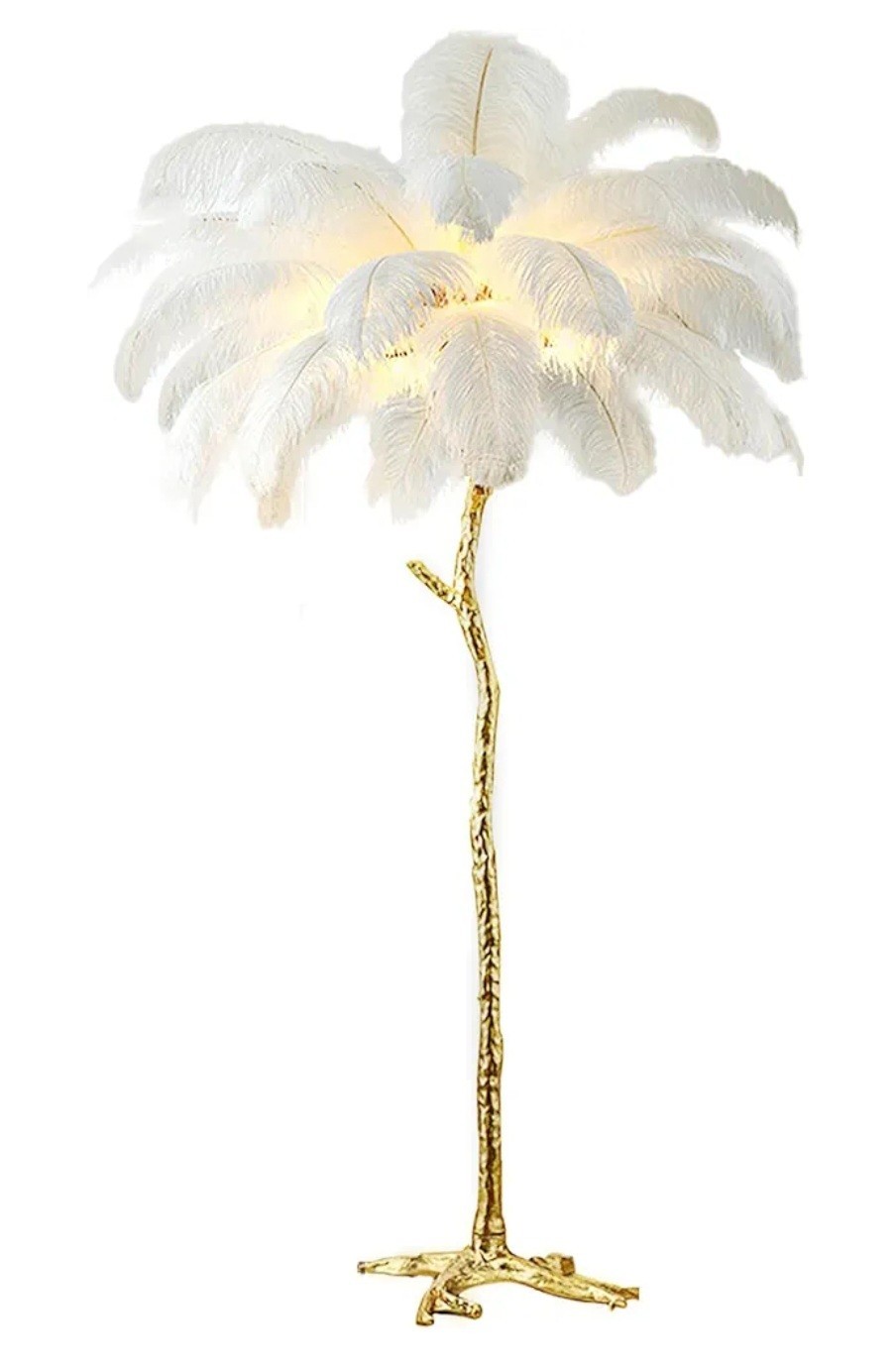 Luxury Palm Tree Floor Lamp – White Feathers, Gold Base (Glam Décor)