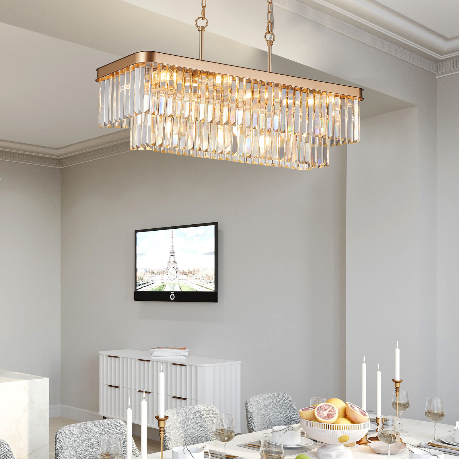 Luxury Gold K9 Rectangle Crystal Chandelier Light Pendant Ceiling Lamp Fixture