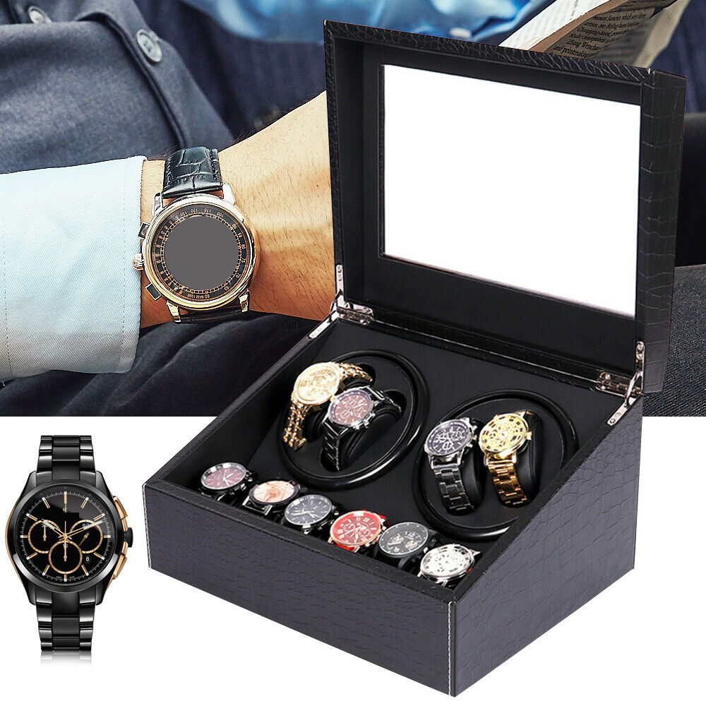 Watch Winder Display Box Automatic Rotation Storage 4+6 Grids 10 Watches Black
