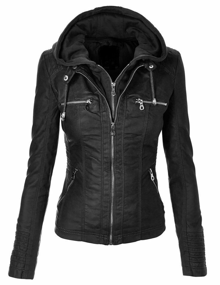 Women's Black Biker Motorcycle Stylish Real Leather Jacket Coat - Detach Hoodie