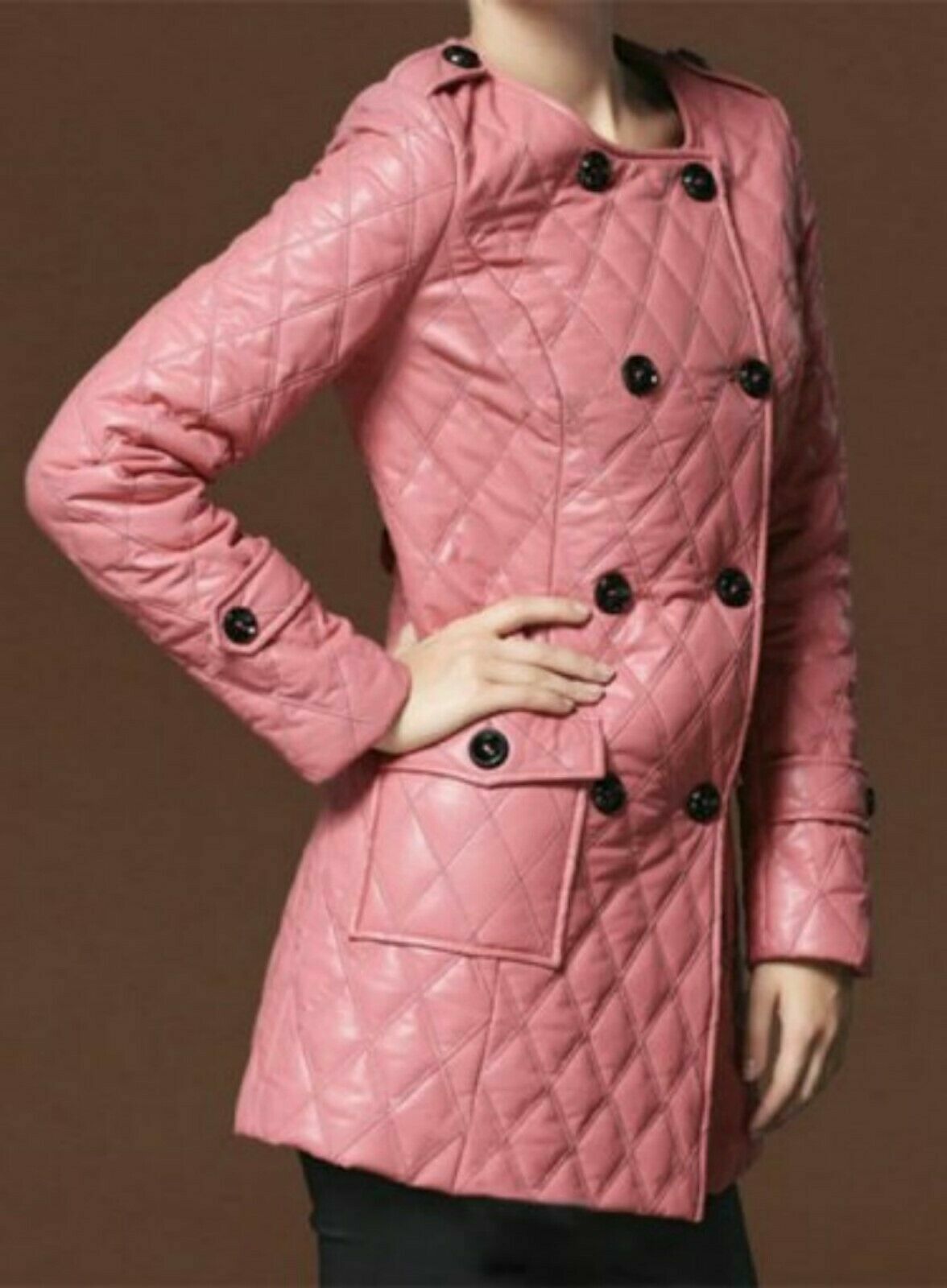 Womens Genuine Leather Lambskin Long Overcoat Trench Pink Stylish Coat Jacket