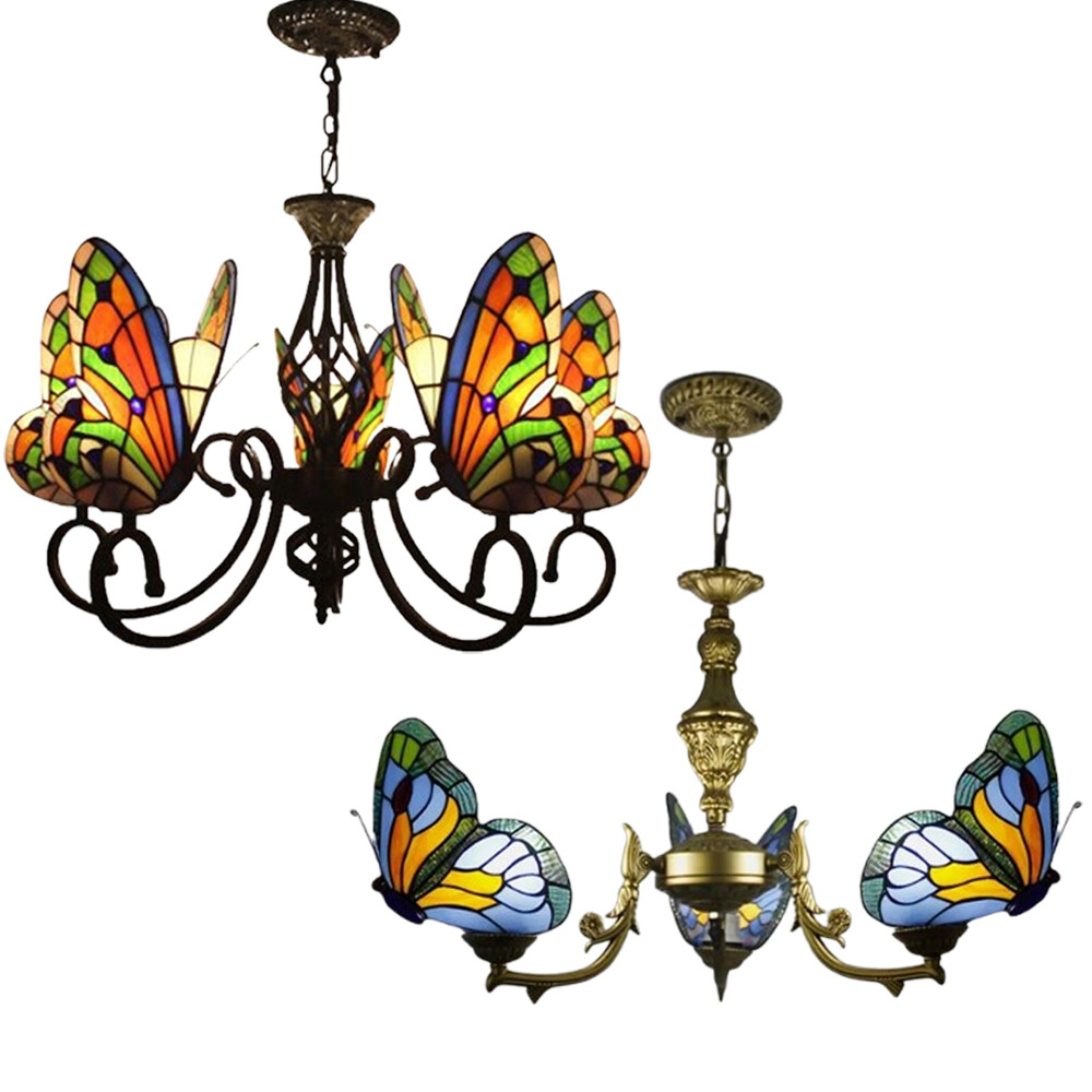 Luxury Pendant Lamp Tiffany Style Stained Glass Butterfly Shade Fixture Vintage