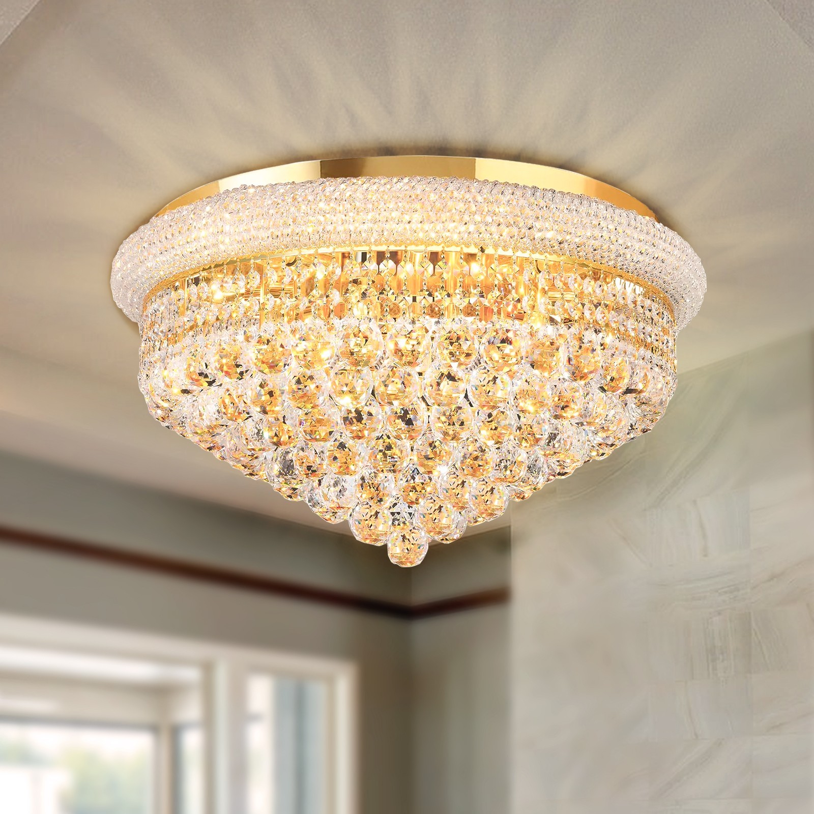24"Luxury Gold Chandelier Crystal Ceiling Lights Rain Drop Pendant Lamp Fixtures
