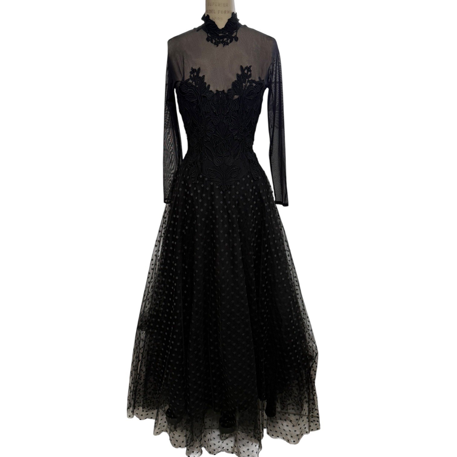 Vintage Tadashi Black Lace Polka Dot Tulle Long Sleeve High Neck Formal Dress