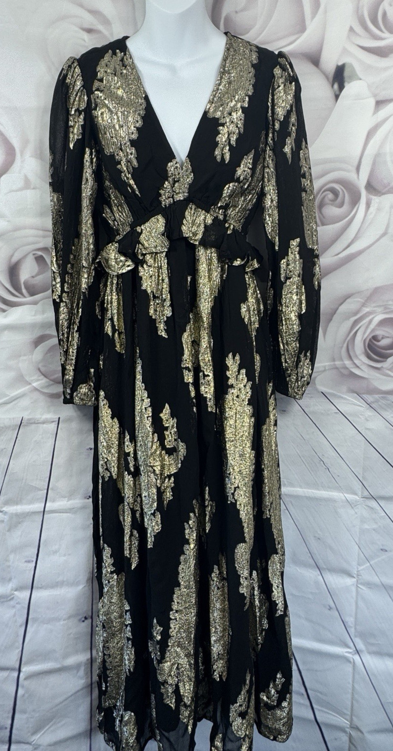 New Look Maxi Dress Size 10 Black & Gold Chiffon Evening Glamorous Long Sleeve
