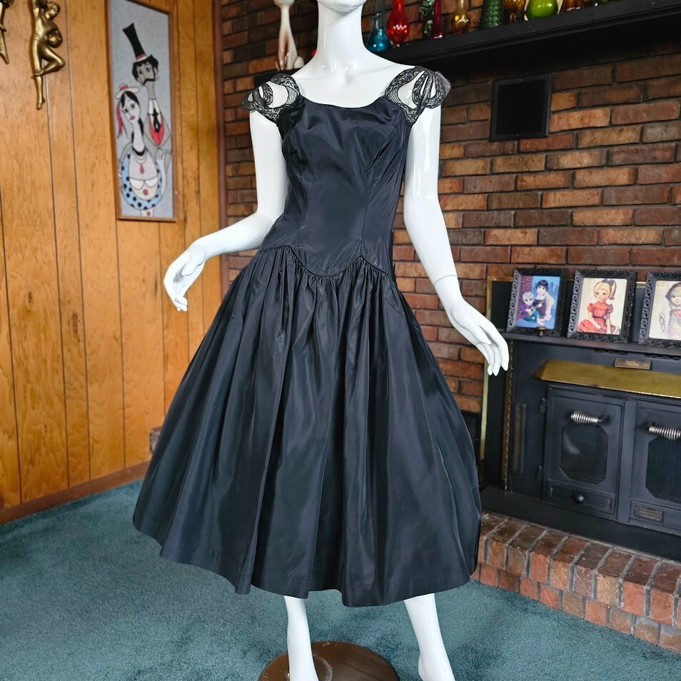 Vtg 40s New Look Novelty Bow Straps Drop Waist Evening Formal Cocktail Dress S
