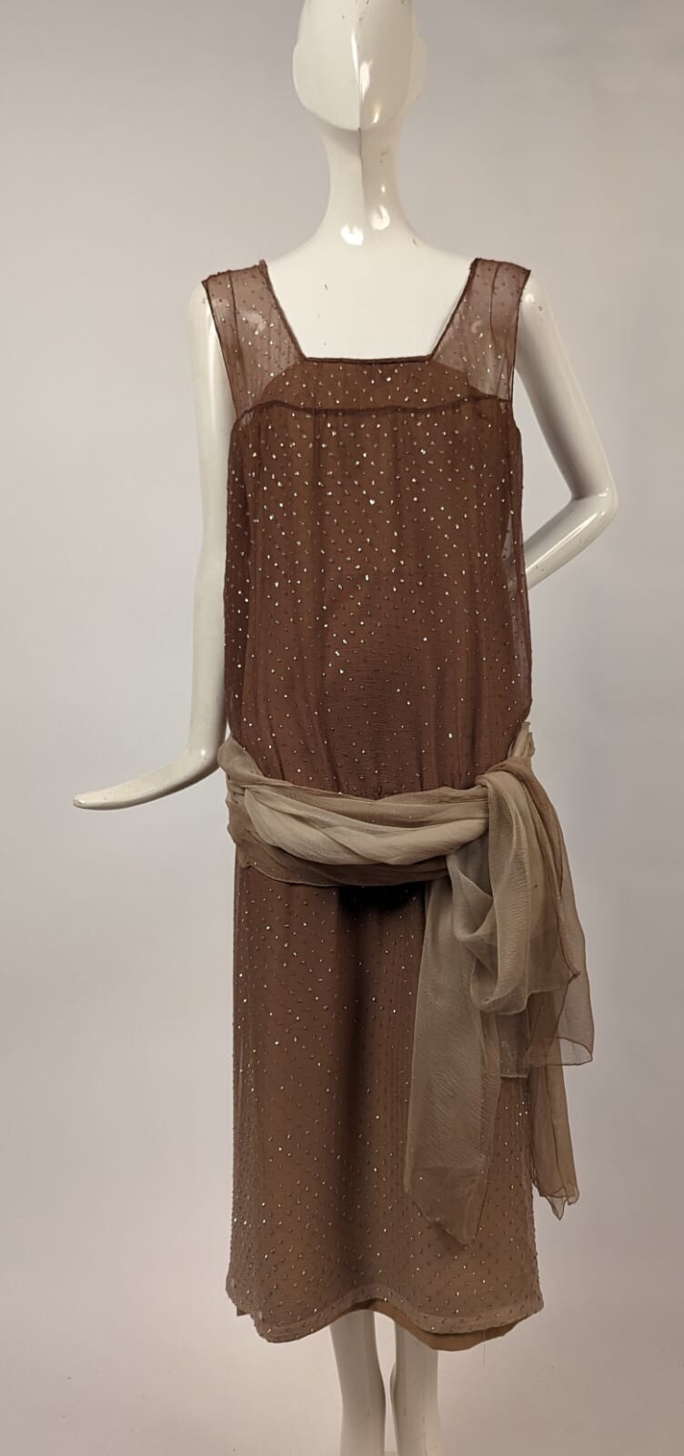 VINTAGE TRI TONE GLITTERED SILK CHIFFON EVENING DRESS W BELTED DROP WAIST 