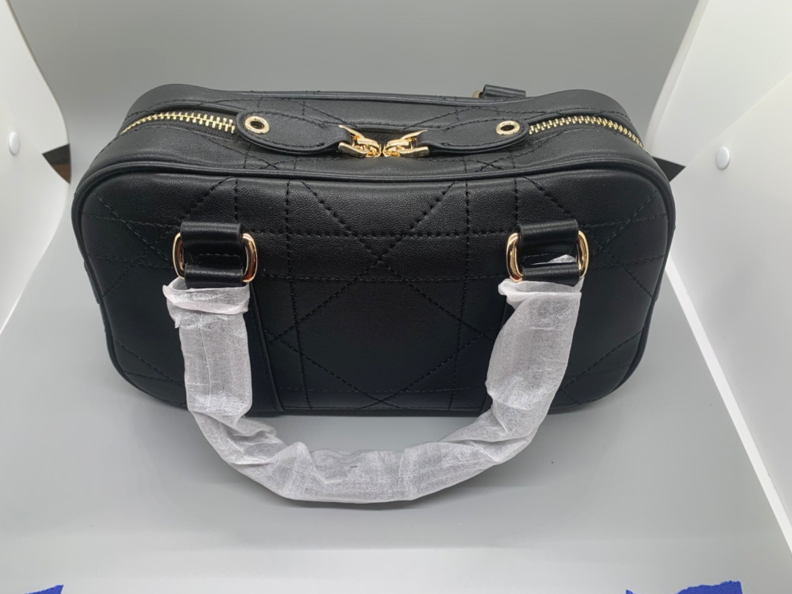 Black Quilted-Style Structured Handbag – Genuine Leather, Gold Hardware