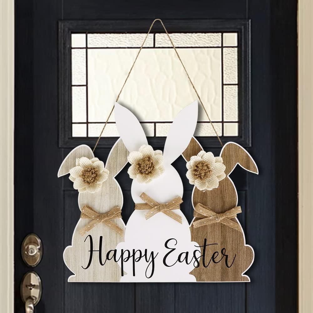 Easter Wooden Hanging Sign, Cute Bunny Happy Grey brown white 