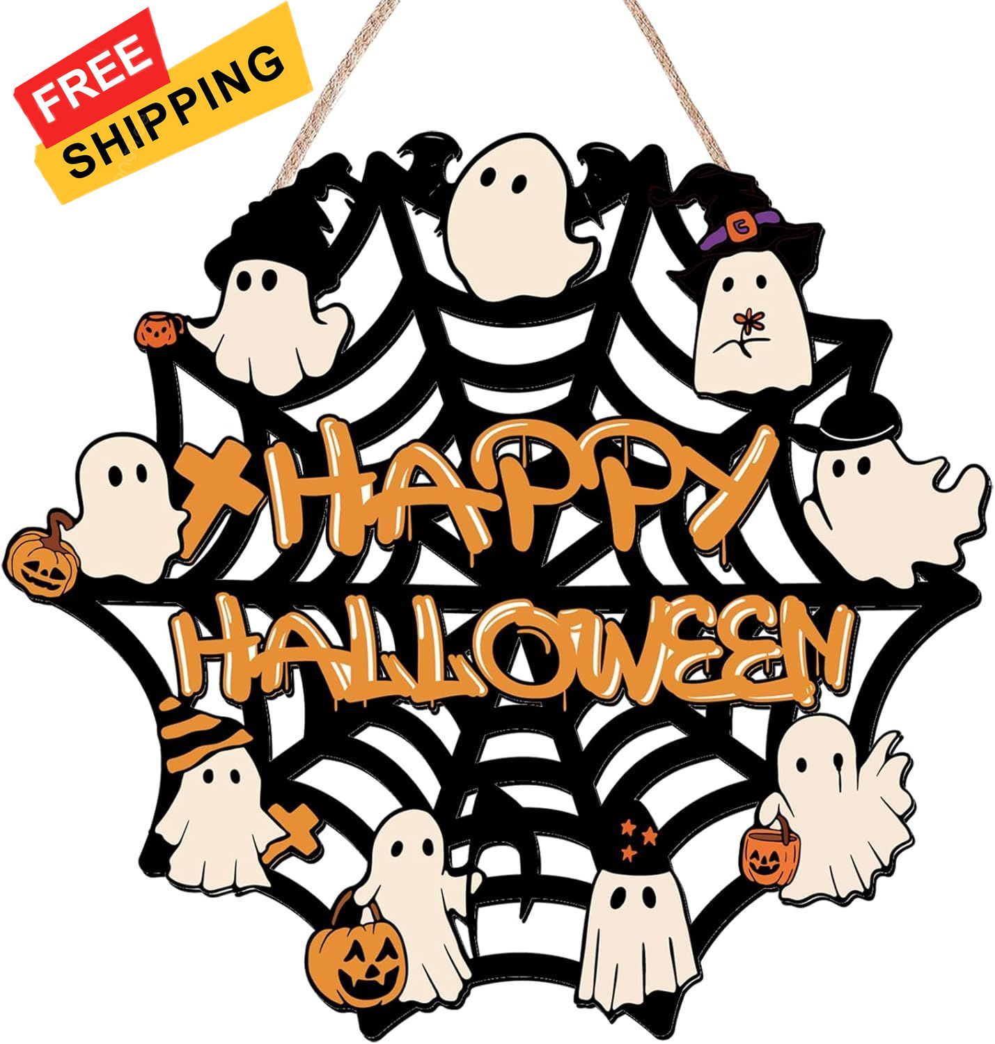 Halloween Door Sign Ghost Decor - Cute Cobweb Wall - 