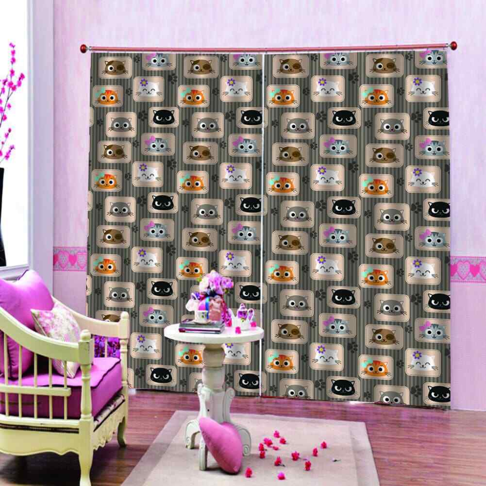 Pink Bow Cute Cat Head Printing 3D Blockout Curtains Fabric Window Home Decor