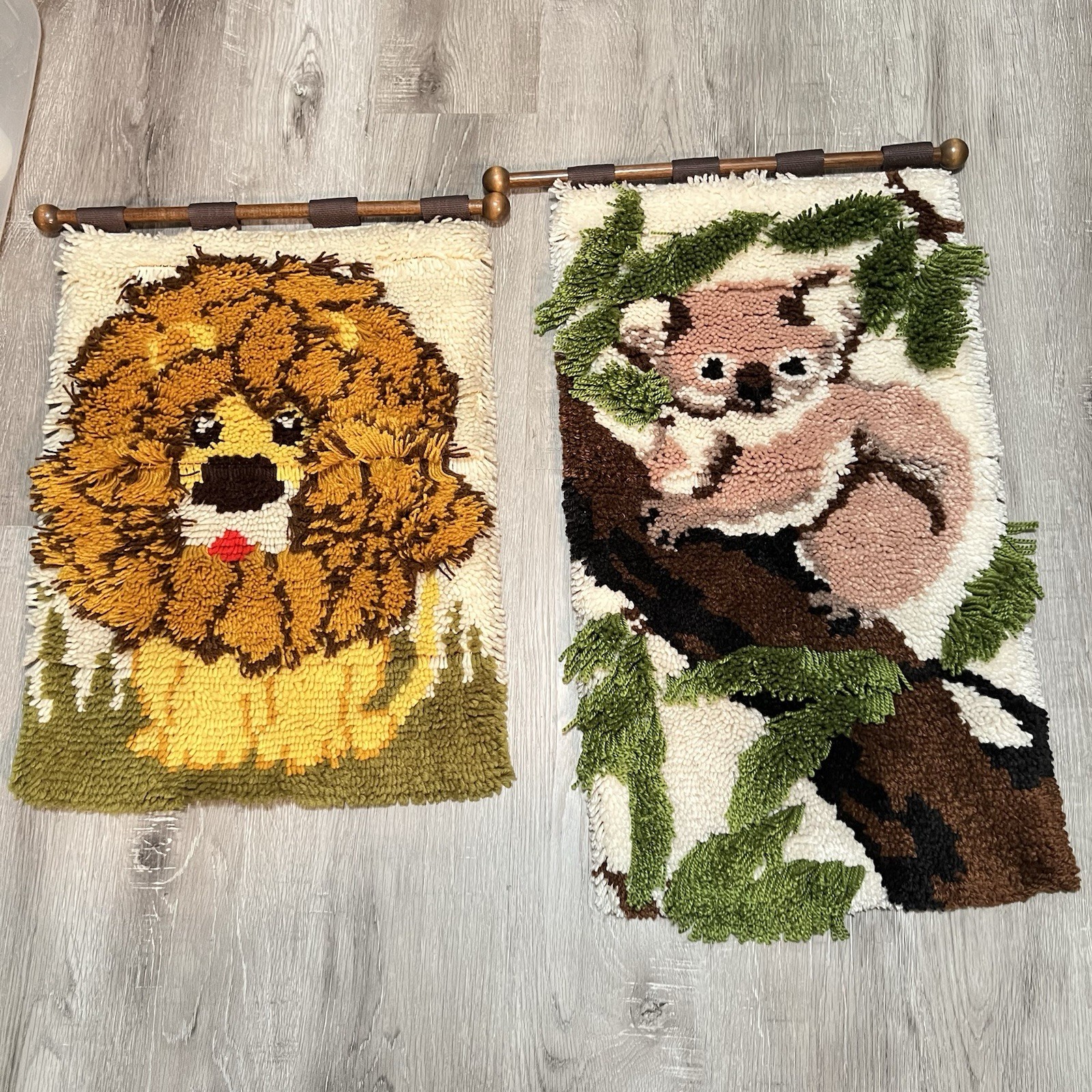 Latch Hook Rug Lion & Koala Wall Hanging Cute Decor Hand Made Vintage