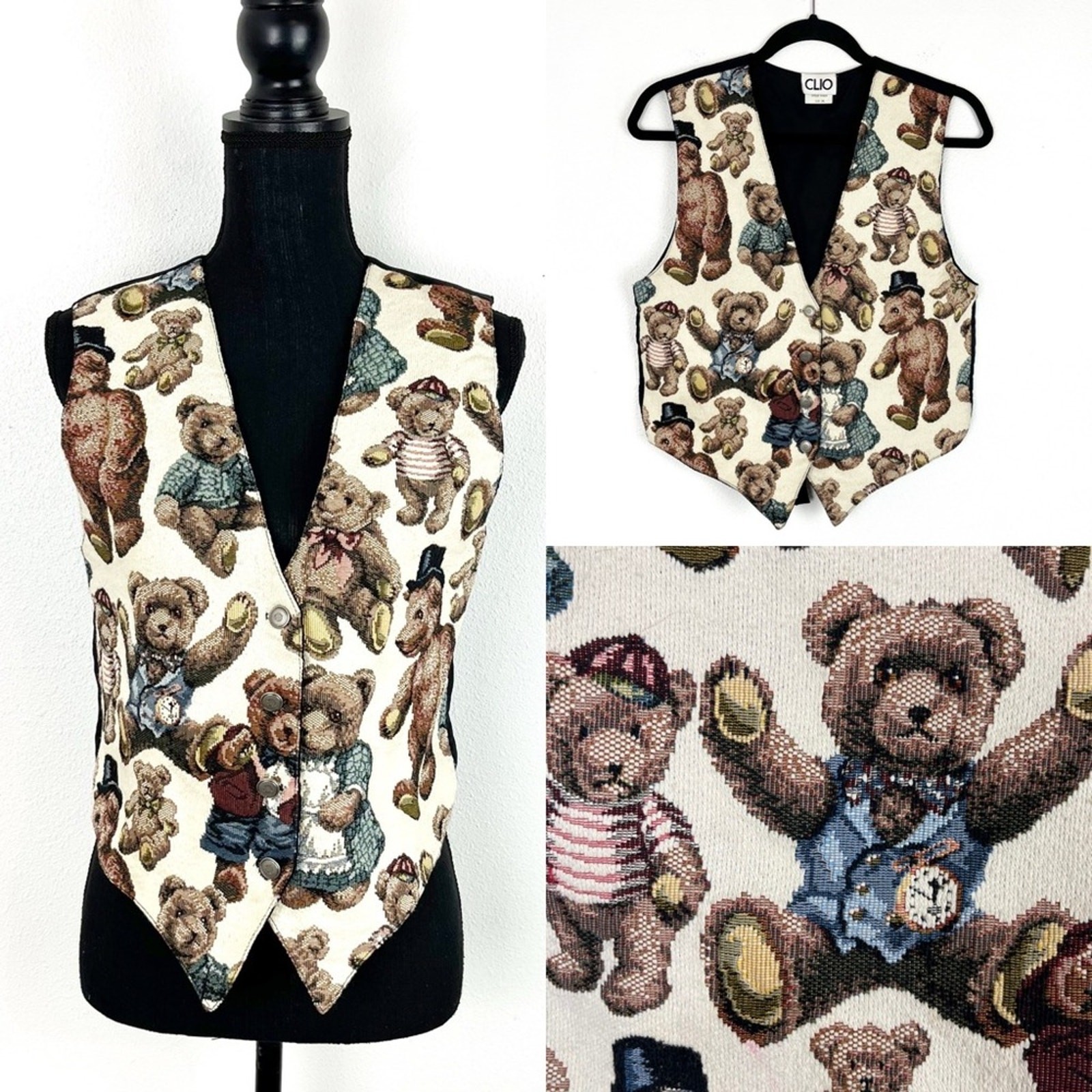 Vintage Clio 90s Vest Tapestry Woven Waistcoat Bears Teddy Bears Teacher School