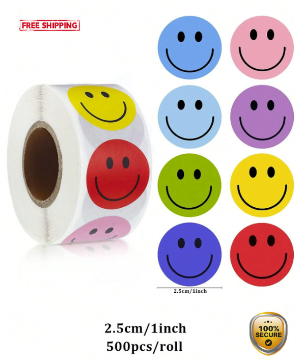 500pcs Roll Cute Face Reward Stickers - Self-Adhesive for Gifts & Sealing - NEW