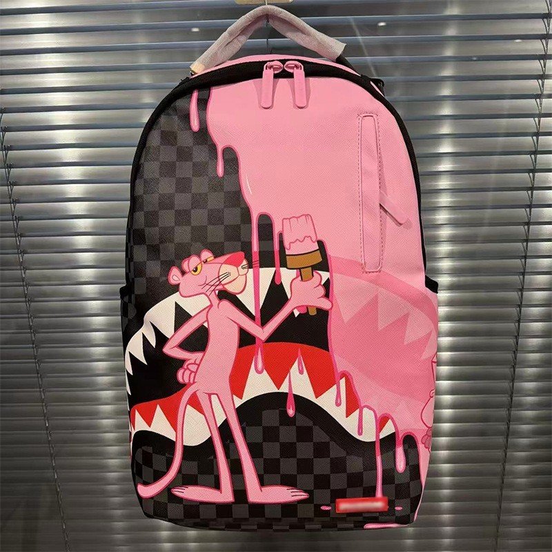 Trendy Pink Drip Art Backpack Checkered Streetwear Style Bag