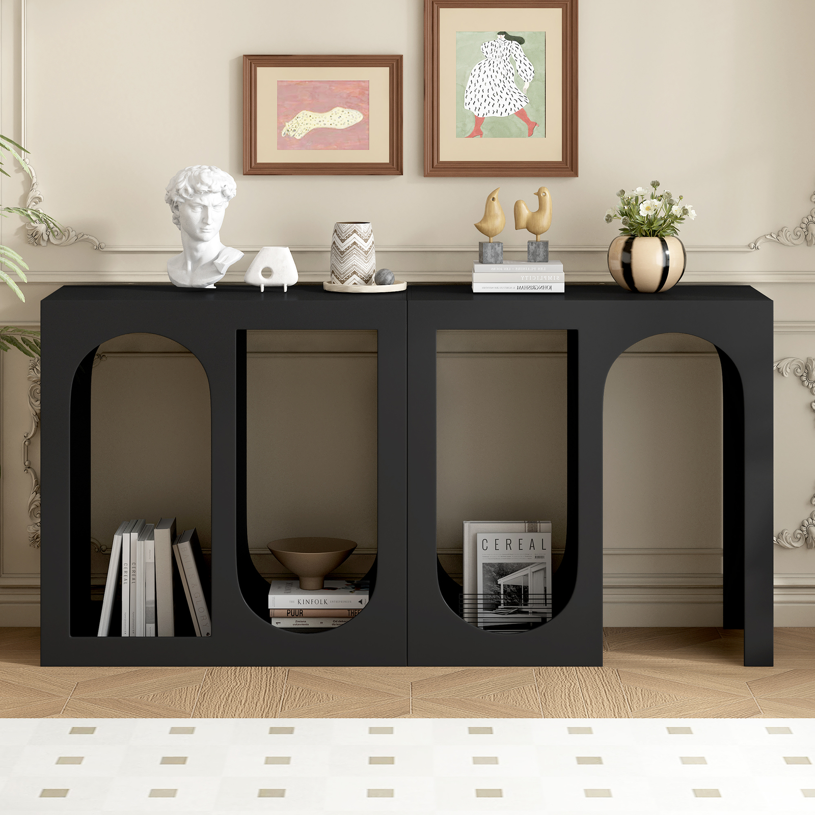 Modular Entryway Console Table with Rectangular Exterior Curved Interior Design