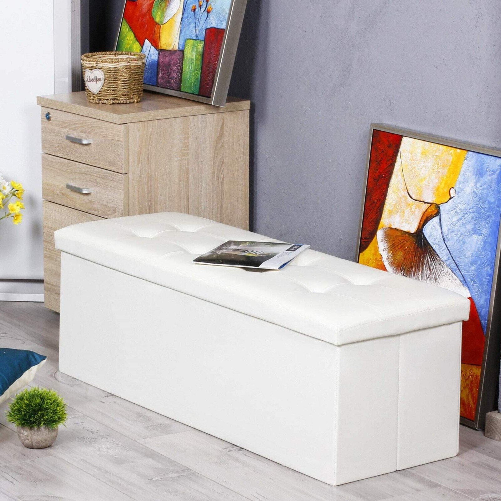 Faux Leather Folding Storage Ottoman Bench 43in Large Home Office Bench White