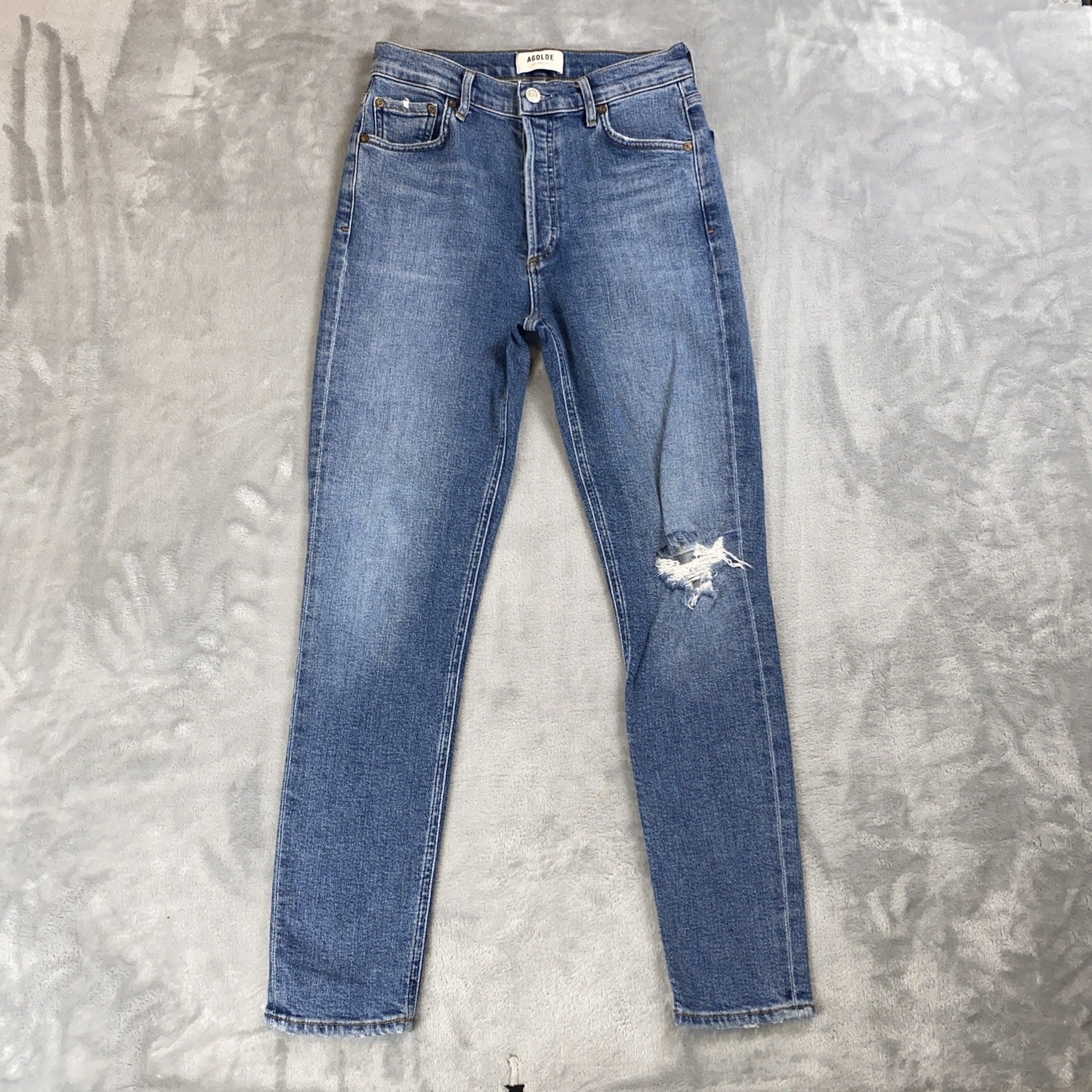 AGOLDE Women’s 25 Nico High Rise Slim Crop Jeans Shoreline Knee Tear Button Fly