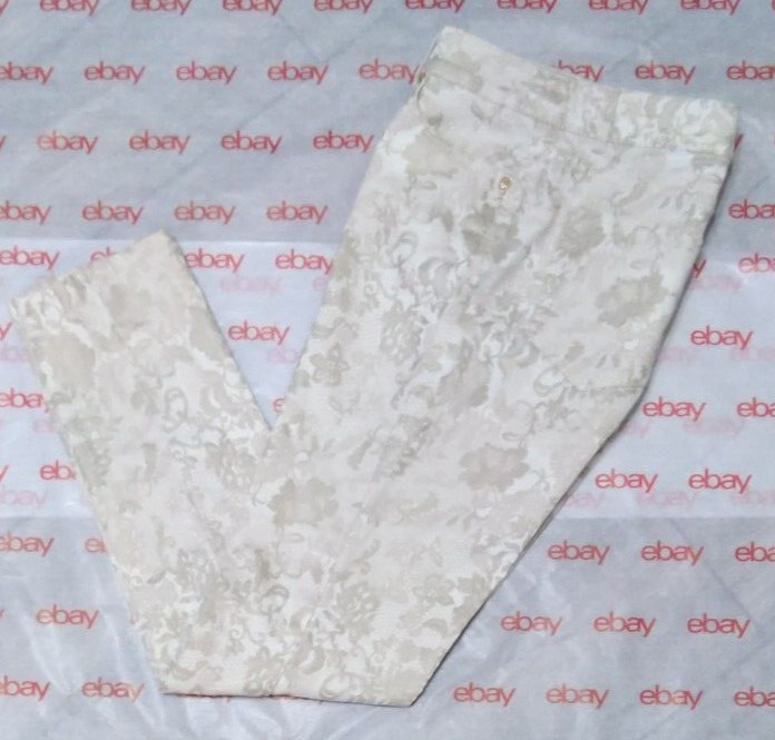 Vintage CACHE Size 6  Dress Jean Damask Filigree 5-Pocket Stretch Off-White/Gold