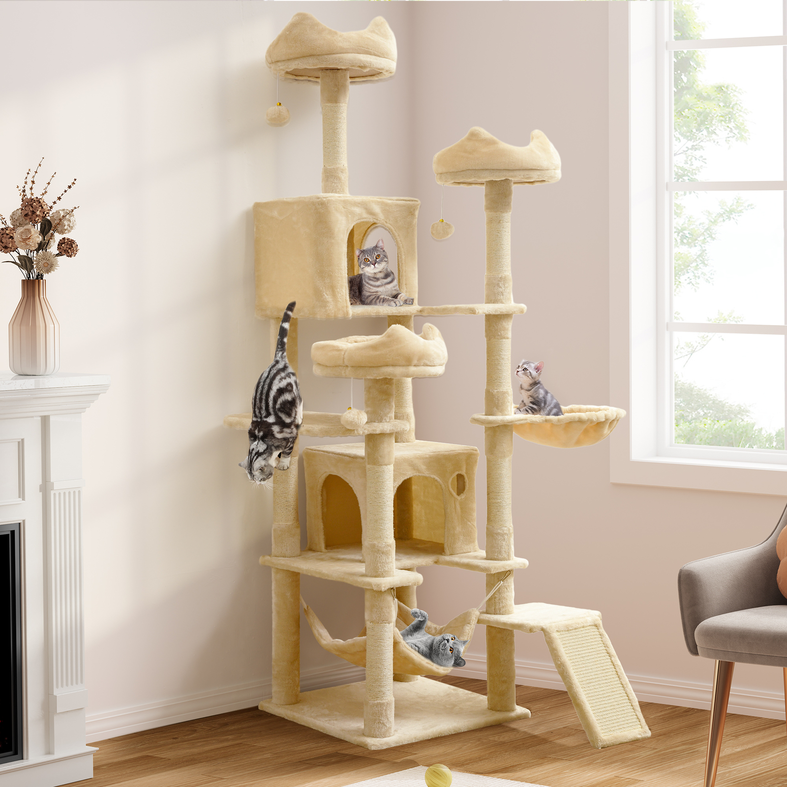 75in Tall Cat Tree Tower for Large Cats Multi-Level Condo with Hammocks