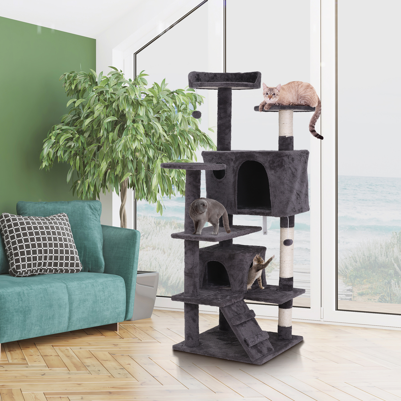  55" Cat Tree Tower Activity Center Large Playing House Condo for Cat Rest Gray
