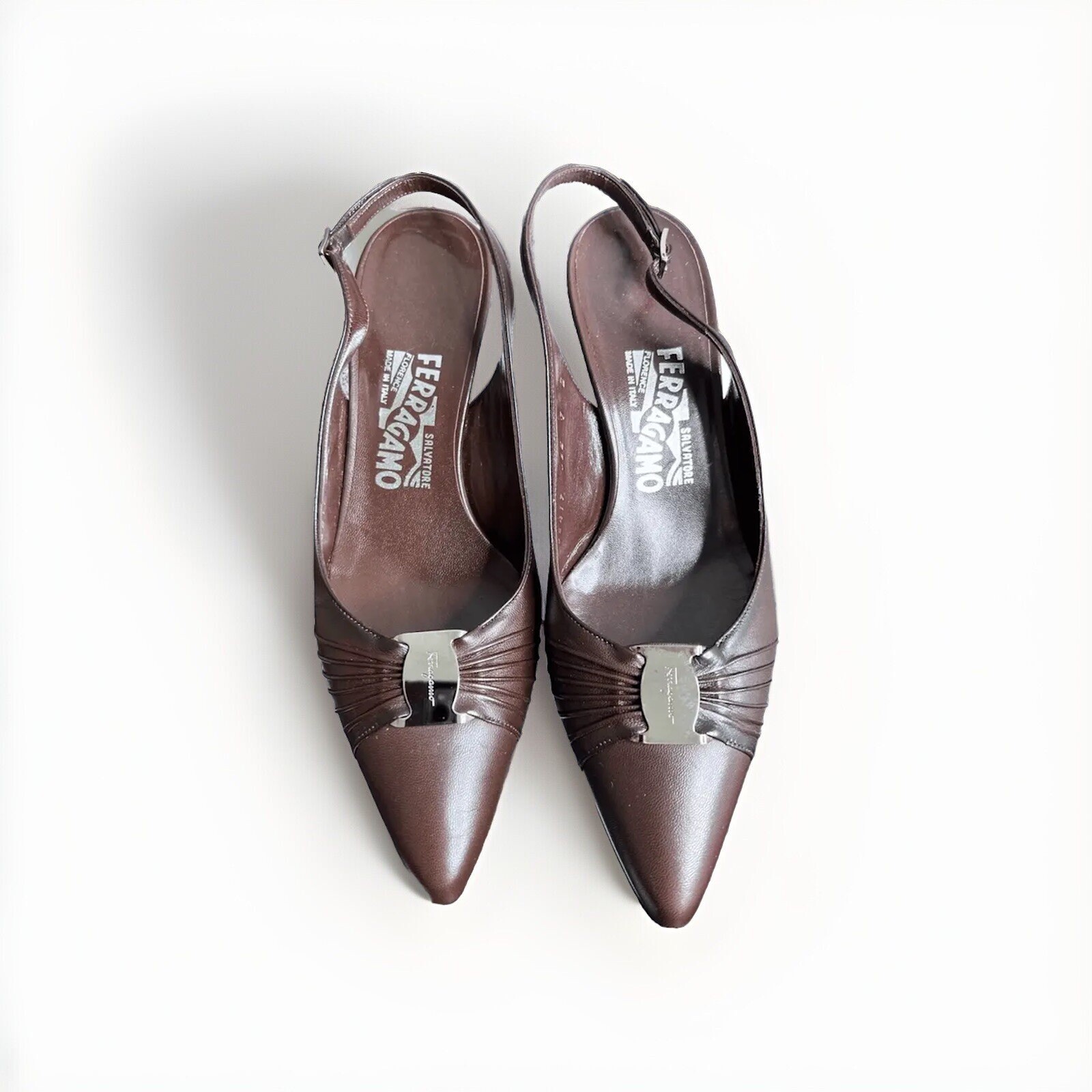 Salvatore Ferragamo Slingback heels Fondente Kid Chocolate Kitten heel 7B