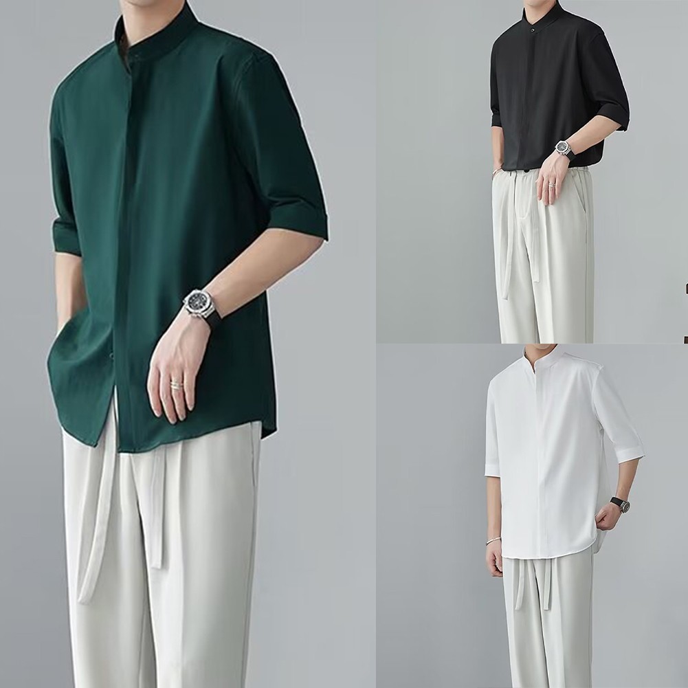 Men Casual Stand Collar Shirts Chinese Style Simple Clean Fit Solid Color Tops