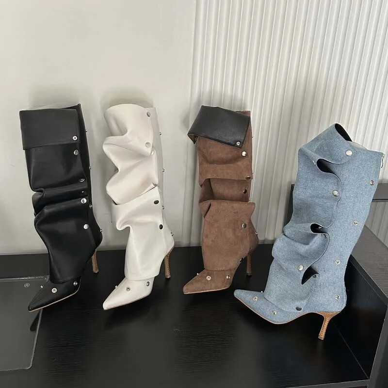 Trendy Fashion Riveted Pointed Toe  Knee High Denim Stiletto Heel Boots 2-Pair