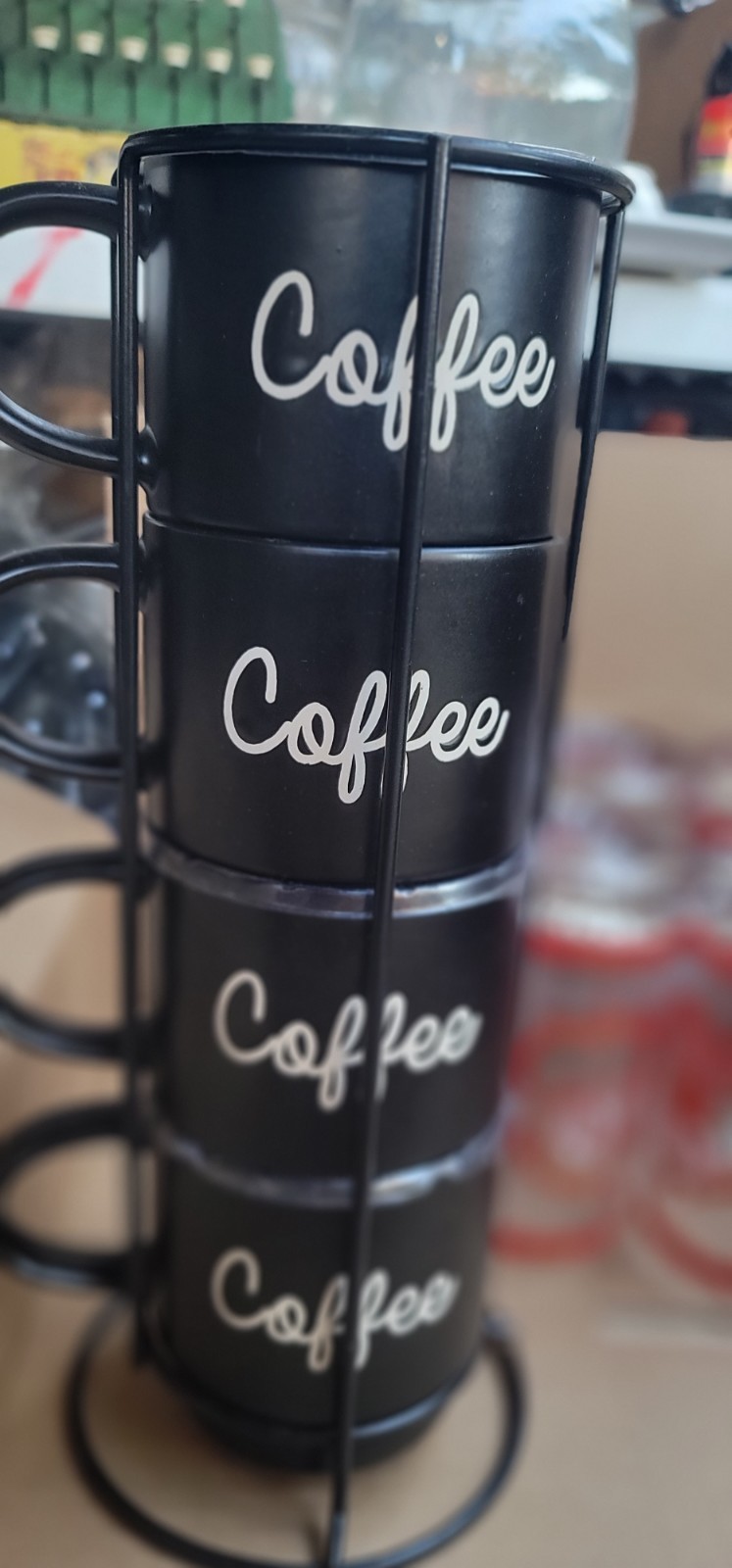 Set of 4 Black “Coffee” Stackable Mugs with Metal Rack Modern Kitchen Décor