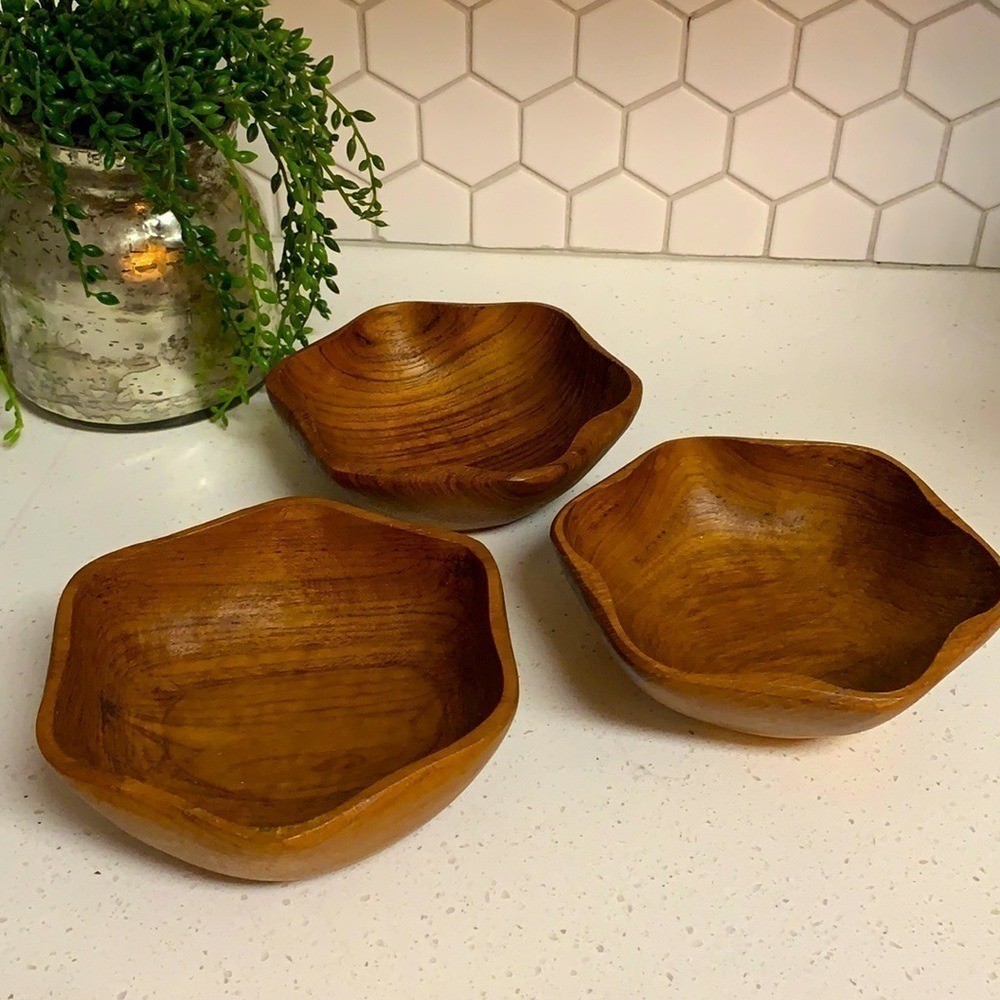 Mid Century Modern Teak Wood Salad nuts snacks Bowls Set of 3 home decor